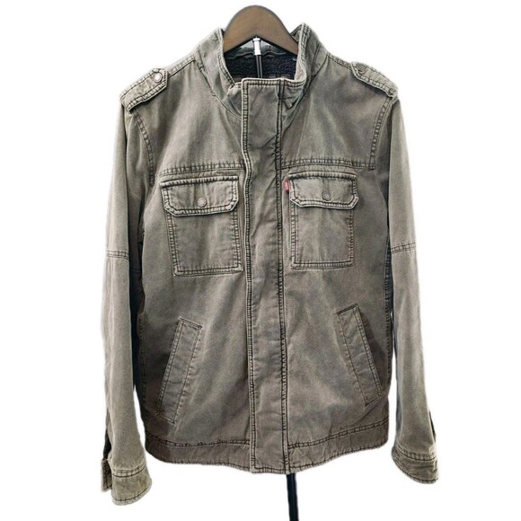 Levis Mens M Washed Cotton Military Jacket Olive Green Sherpa Lined Full Zip - Picture 1 of 14